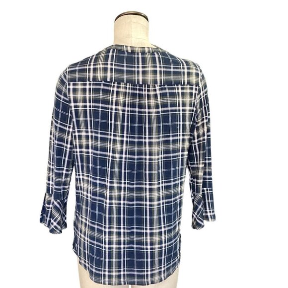 Westport Soft Plaid 3/4 Bell Sleeve Peplum Front V-Neck Button Top Sz PL #18P - Picture 5 of 9